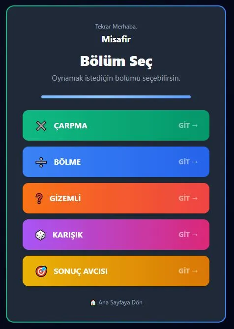 Online çarpım tablosu oyunu bölüm seçme ekranı — çarpma bölme gizemli karışık