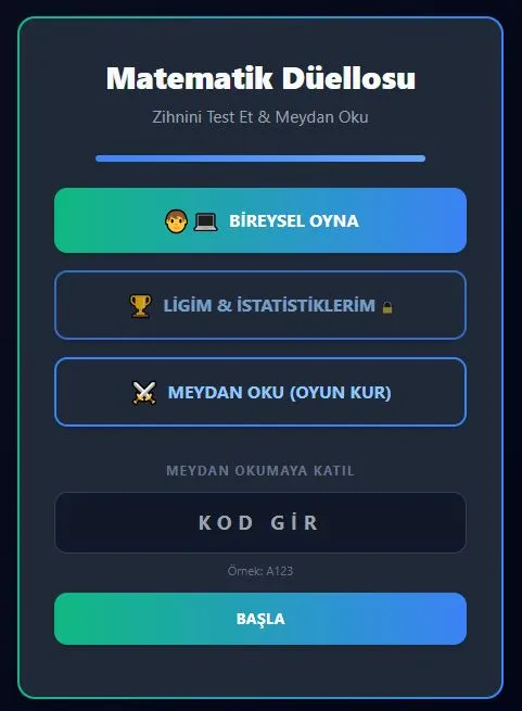 Matematik Macerası oyun modu seçim ekranı — Bireysel oyna veya meydan oku