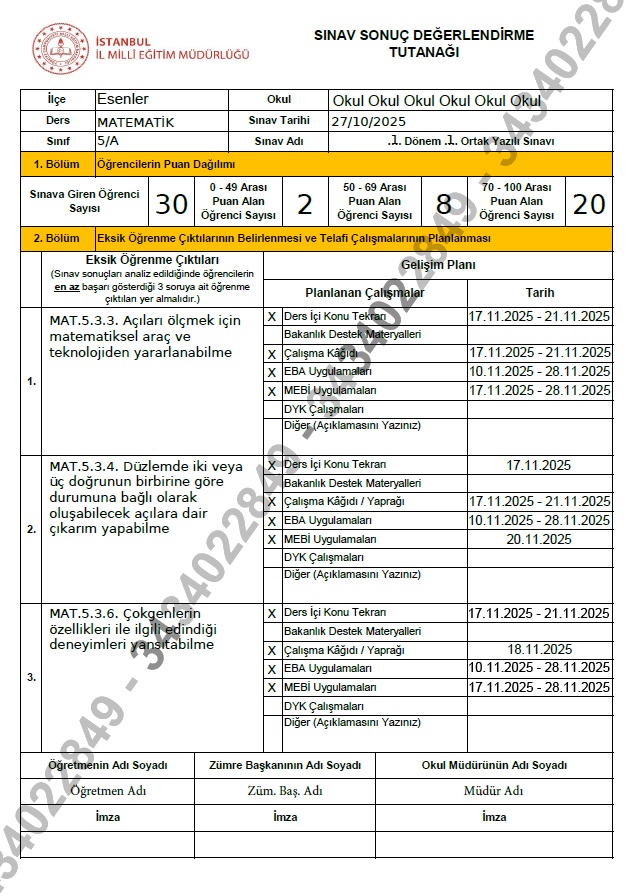 İstanbul İl MEM EK-1 Sınav Sonuç Değerlendirme Tutanağı Örneği